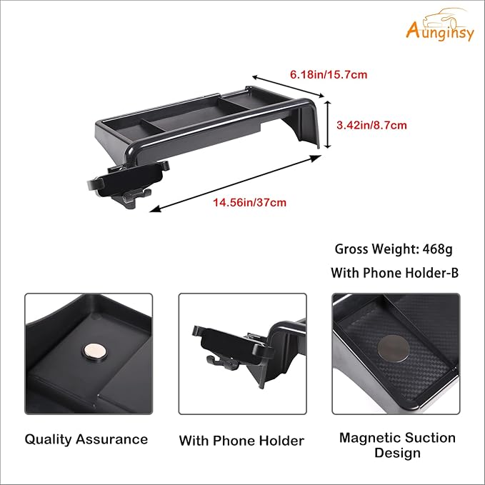 Aunginsy Center Console Dash Storage Tray with Phone Holder - Compatible with Kia Telluride 2020-2022 Dashboard Storage Box Organizer Mobile Phone Mount Bracket Interior Accessories