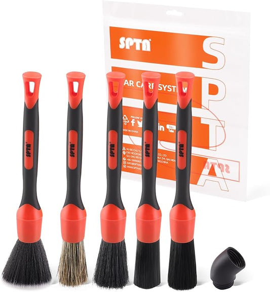 SPTA Car Detailing Brush Set, 5 Pack Soft Boar Hair Auto Detail Brush Kit with Elbow for Automotive Elegant Surface Interior Exterior Dashboard Emblems Panels Engine Bay Wheels Air Vent Seat Leather