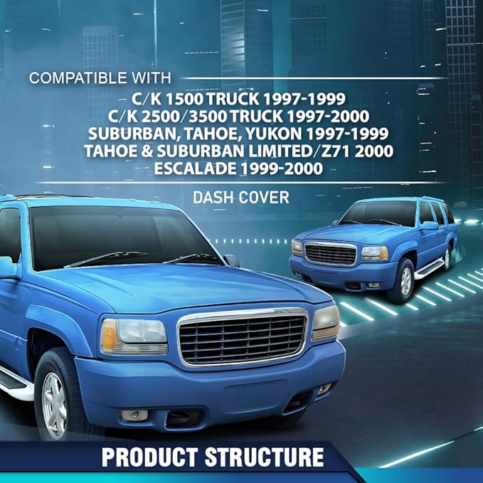 PIT66 Dash Cover Dashboard Compatible with Chevy & GMC Truck C/K 1500, Suburban, Tahoe, Yukon 1997-1999 Fit Chevy & GMC Truck C/K 2500/3500 1997-2000 Fit Cadillac Escalade 1999-2000 Black