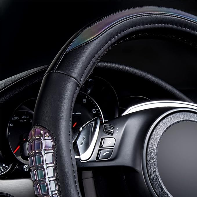 Flying Banner car Steering Wheel Cover Gel Massage Velvet Cool Warm Universal Size 15 inches SUV Truck Anti Slip Odorless Summer Winter (Black Muti-Volor Faux Leather, Gel Massage)