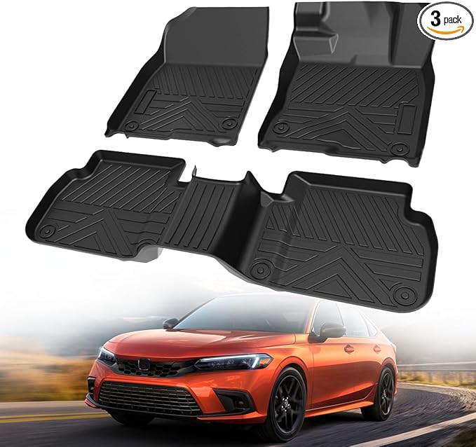 TPE All Weather Floor Mats for Honda Civic Sedan 2022-2025(w/o USB Port) | Custom Fit Heavy Duty Truck Floor Liners | Front & Rear Row Protection | Durable, Odorless, Easy to Clean (3-Pcs Set, Black)