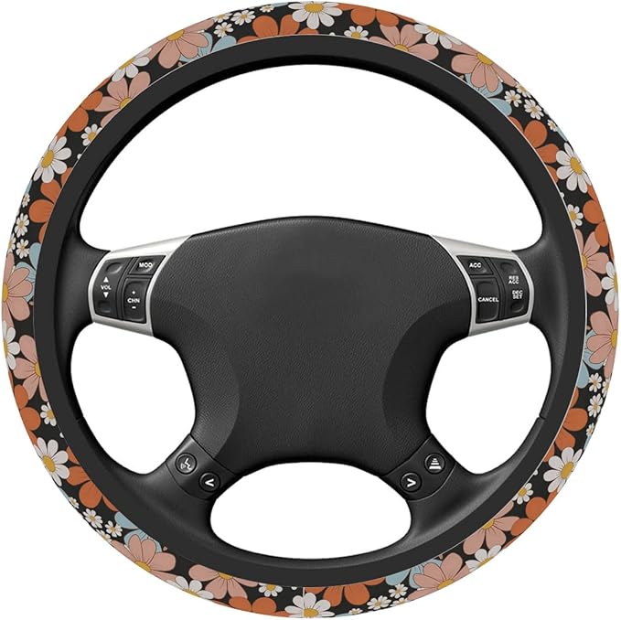 Steering Wheel Cover, Retro Flower Daisy Steering Wheel Cover for Women Men Anti-Slip Breathable and Sweat Absorption Universal 15 Inch Steering Wheel Protector Daisy Car Accessories