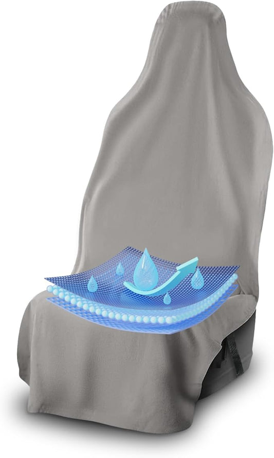 UltraSport Waterproof Towel Car Seat Cover, Universal Fit, Sweatproof & Odor-Resistant Front Seat Protector, Quick-Dry, Machine Washable for Gym, Pets, Travel, Outdoor Adventures, Gray