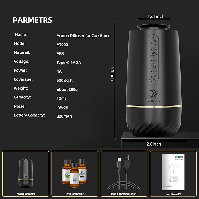 Waterless Oil Diffuser, Portable Car Diffusers for Essential Oils, Wireless Diffusers with 3 Mist Levels & Timer, ABS Material, Starry Night Light for Car Home Office, Includes 3 Scent Oils