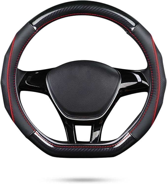 Ergocar Car Steering Wheel Cover Non-Slip Car Steering Wheel Protector Sport D-Shape Carbon Fiber & First Layer Cowhide Universal for Diameter 38cm(15") (D-Black-red)