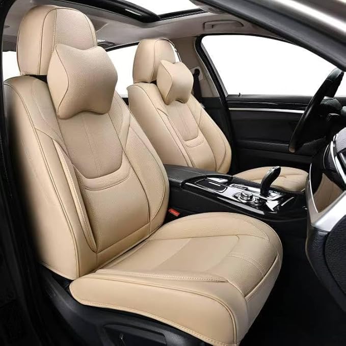 Auto Car Seat Covers Accessories Front Seat Leather Cushion Protector Breathable Waterproof Seat Cover for Cars Universal Fit (Beige, Front Pair)