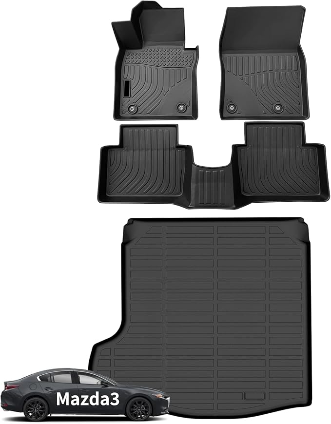 Wayhigh-for Mazda 3 Sedan 2019-2025 (Only fit Sedan) All Weather Floor Mats and Cargo Liner Set TPE Car Mats Waterproof Heavy Duty Rubber Floor Liners Mazda 3 Accessories