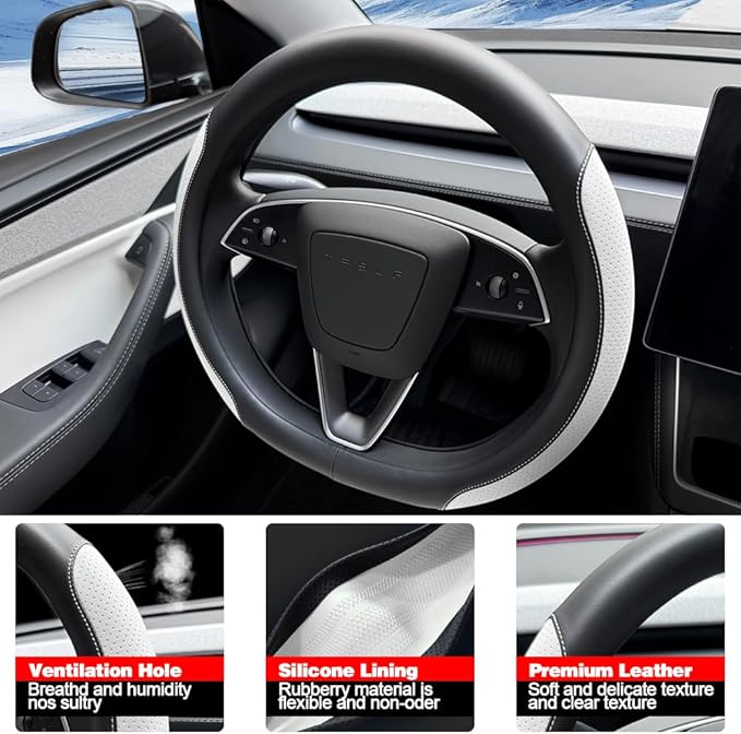 Tesla Model 3 and Model Y Steering Wheel Cover, Comfortable, Non-Slip, Breathable, Black and White Nappa Leather