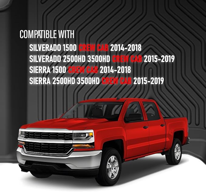 ANDPLAY TPE Floor Mats Liners Compatible with Chevy Silverado/GMC Sierra 1500 2500HD 3500HD Crew Cab 2014 2015 2016 2017 2018 2019 All Weather Protection Black Floor Liners alfombras para carro