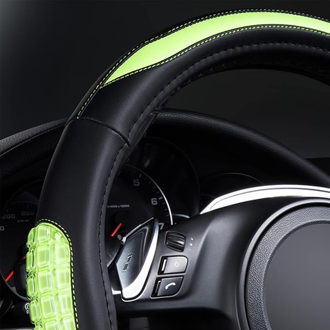 Flying Banner car Steering Wheel Cover Gel Massage Velvet Cool Warm Universal Size 15 inches SUV Truck Anti Slip Odorless Summer Winter (Black Mint Green, Gel Massage)