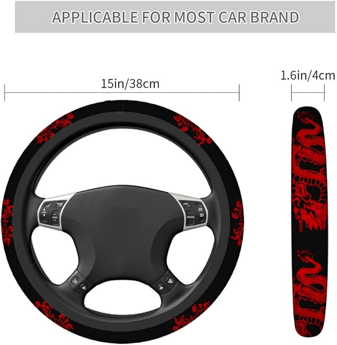 Swono Dragon Red Universal Neoprene Steering Wheel Cover Abstract Chinese Dragon Red Black 15 Inch Steering Wheel Covers,Printed Steering Wheel Elastic Protection for Women and Girls