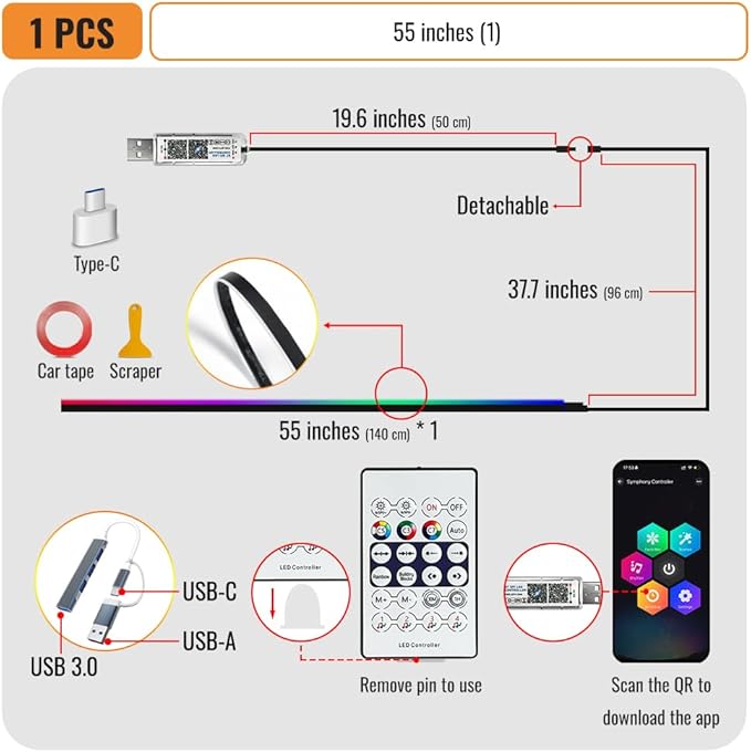 Acrylic Ambient Lighting Car Interior,55.1 inches Dream Color Acrylic Led Strips with USB Hub, APP Fiber Optic Emotion Glow Lights for Car Y 3 S X, Neon Ambient Lighting Kit Dashboard Decorations