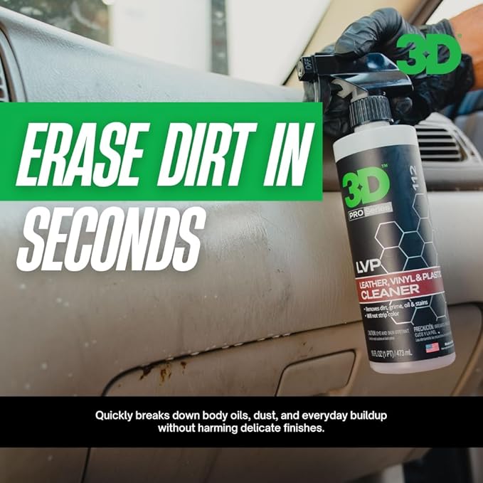 3D LVP Interior Cleaner - Removes Dirt, Grime, Grease, Oil & Stains from Leather, Vinyl & Plastic - Great for Seats, Steering Wheels, Door Panels, Dashboards - Car, Office, Home Use 16oz.