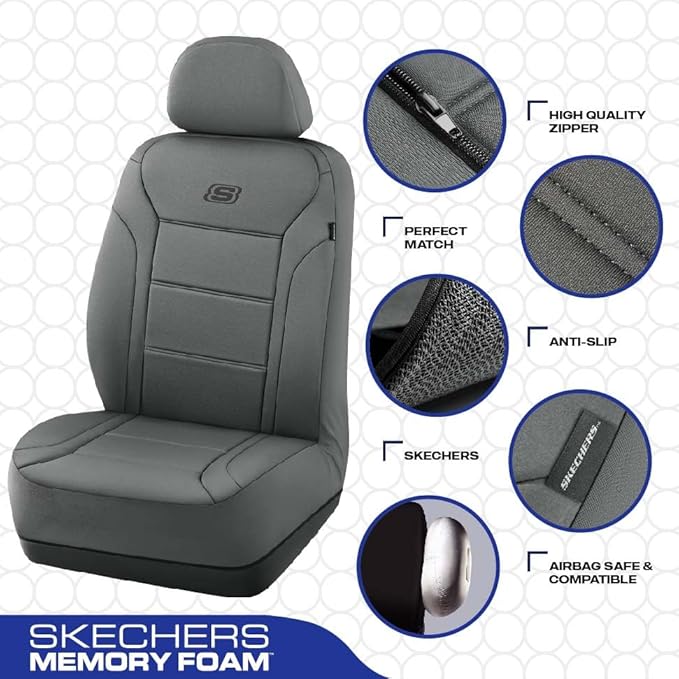 Skechers Memory Foam Car Seat Covers, Lycra Fabric Seat Covers,Seat Cover Full Sets Airbag Compatible, Automotive Comfort Protection for Most Cars,Trucks, SUVs, All Beige