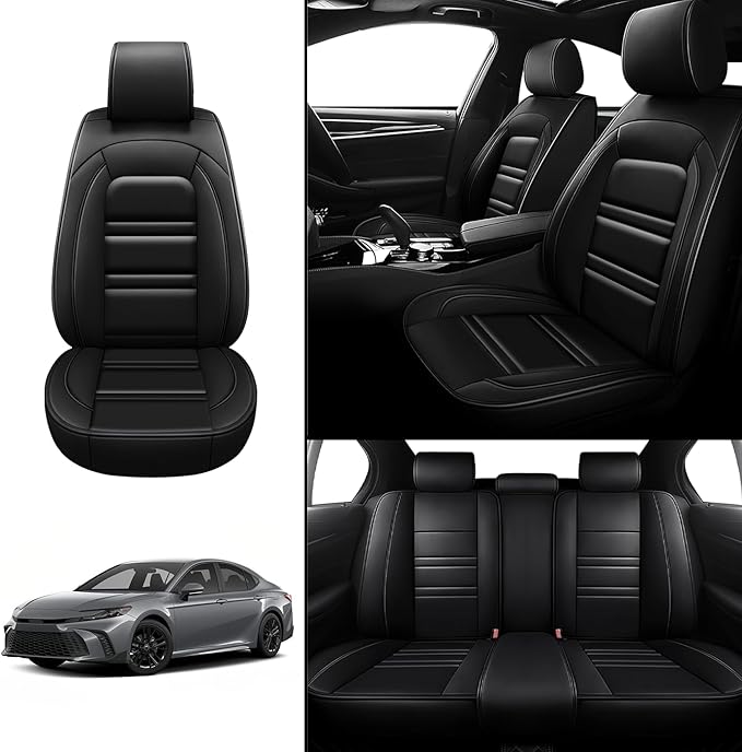 Seat Covers for Toyota Camry 2002-2025 | 5-Seats Leather Seat Covers, Easy to Install Automotive Seat Covers Full Set (Full Set, Black)