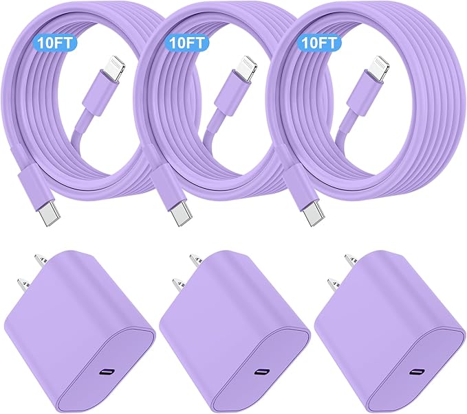 i Phone Charger Fast Charging 10 FT, 3-Pack 20W PD USB C Charger Block with i Phone 14 13 Charger Cable 10 Foot, Compatible with iPhone 14 Pro 13Pro Max 12 11Pro Mini - Purple