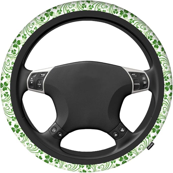 Swono Saint Patrick Day Shamrock Steering Wheel Cushion Case Abstract Flower Clover Leaf Lucky Irish Neoprene Car Steering Wheel Covers 15 Inch Anti Slip Compatible Auto Car Wrap Cover for Men Women