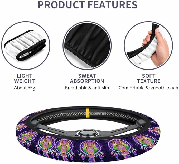 Owl Dream Catcher Steering Wheel Cover Purple Steering Wheel Cover for Women Men Anti-Slip Breathable Steering Wheel Protector Car Accessories