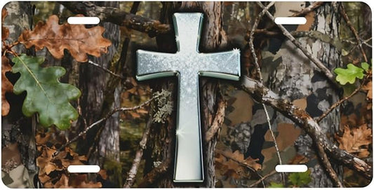 Trees Grass Silver Cross Shimmering Front License Plate Car Decorative License Plates Aluminum Metal Decor Accessory Novelty Vanity Tag Cover with 4 Holes for Men Women 6" X 12"