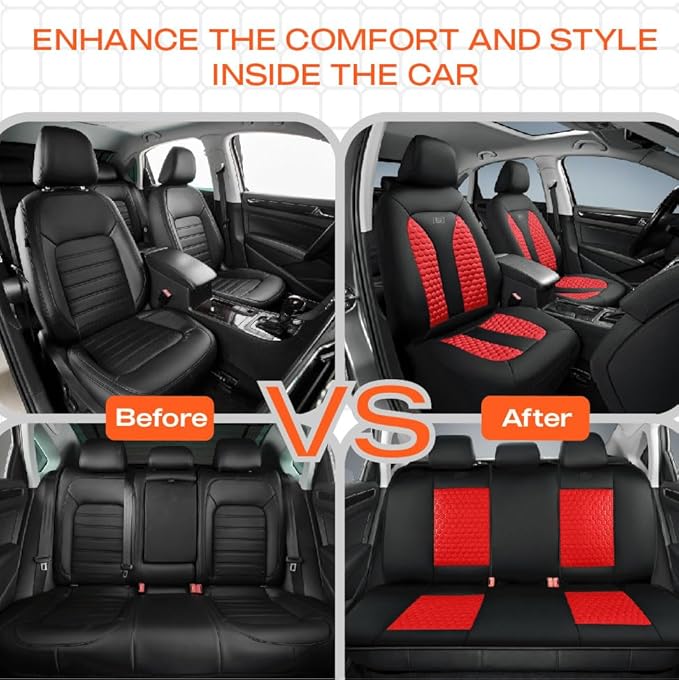 Skechers Memory Foam™ Car Seat Cover Full Sets, Hexcomb Breathable Thick Seat Covers, Airbag Compatible, Automotive Comfort & Protection for Most Cars,Van,Trucks, SUVs (Red,Full Set)