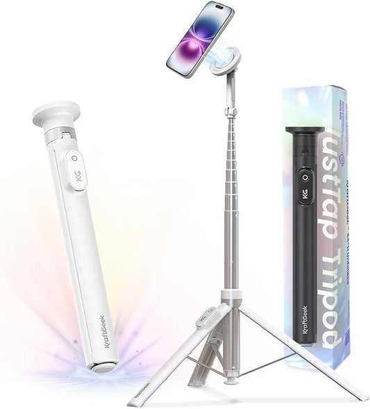 KraftGeek Magnetic Phone Tripod for iPhone MagSafe – 66'' Automatic Selfie Stick with Remote, Portable Tripod Stand for Video Recording, Travel, Vlogging (White)