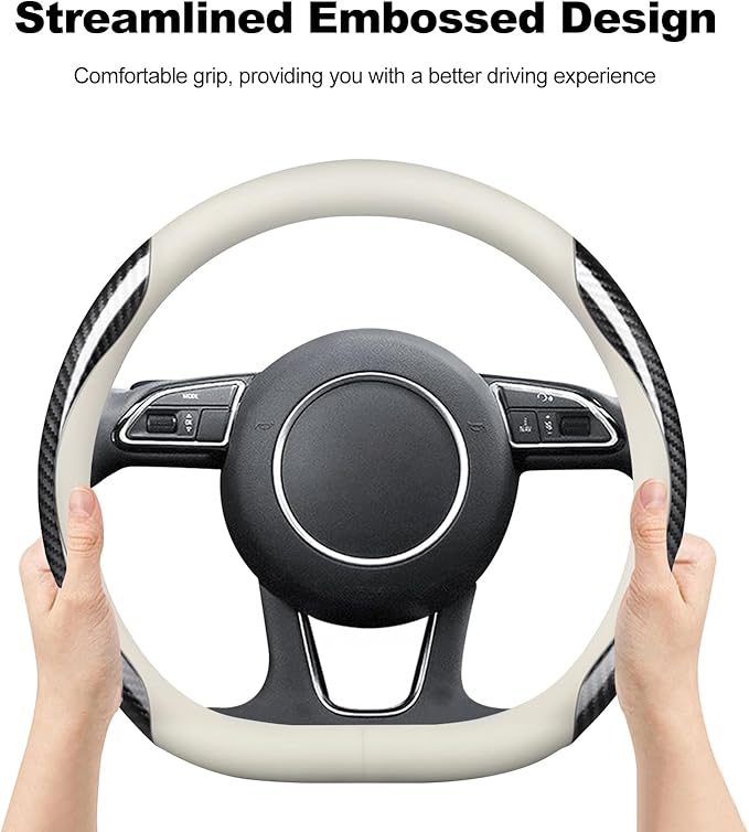 Ergocar Steering Wheel Covers, D-Type Carbon Fiber Leather Steering Wheel Cover Anti-Slip Mesh Lining Suitable for 38cm/15inch Steering Wheel