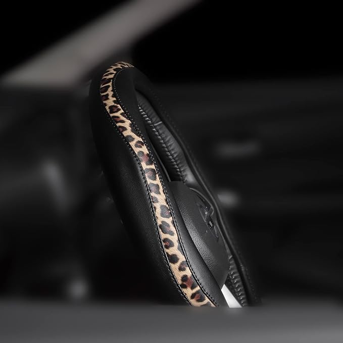 Road Comforts D-Type Steering Wheel Cover - Made with PVC Leather and Leopard Fabric - Universal Fit for 15-Inch D-Shaped Automotive Steering Wheels (Black Color)