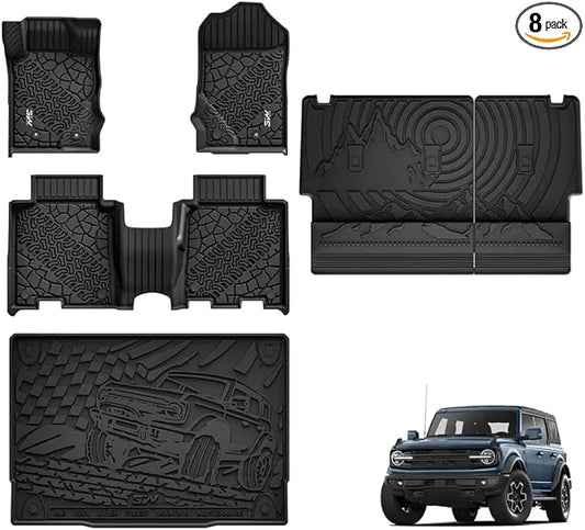 3W Ford Bronco Floor Mats & Cargo Liner & Back Seat Cover Custom Fit for 2021 2022 2023 2024 2025 Bronco 4 Door All Weather Custom Fit Ford Bronco Accessories (Not for Sport & Rubberized Floor)