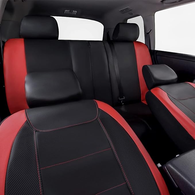 Flying Banner car seat Covers Protects Water Proof Faux Leather Carbon Fiber Front and Rear Bench (Red Black, Full Set - 9PCS)