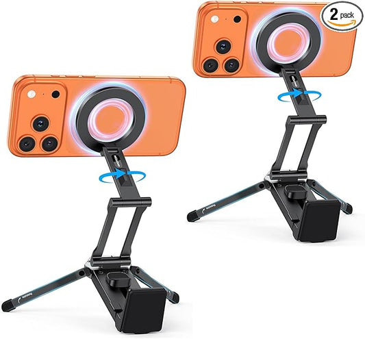 [2 Pack] OMOTON 360°Rotating for MagSafe Tripod, Adjustable Aluminum Magnetic Phone Tripod for iPhone 17/16/15/14 Pro Max Air, Foldable Cell Selfie Stick Fits Vlog, Gym, Travel Essentials Accessories