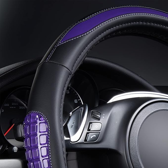 Flying Banner car Steering Wheel Cover Gel Massage Velvet Cool Warm Universal Size 15 inches SUV Truck Anti Slip Odorless Summer Winter (Black Purple, Gel Massage)