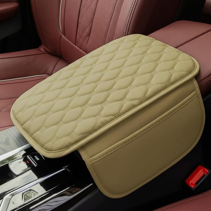 Universal Center Console Cover, with Leather Side Pockets for Car, Middle Console Cover Lid for Truck | Auto | SUV, Interior Accessories Prevent Scratching (Light Yellow, S)