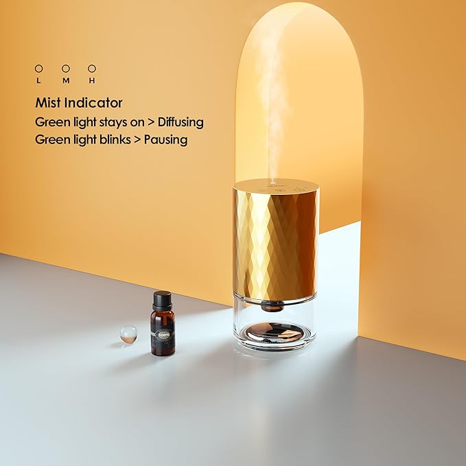 Airversa Waterless Diffuser Essential Oil 100ml Capacity Scent Air Machine for Home Aromatherapy Premium Metal Nebulizer Battery Operated 3 Mist Settings Timers Color Light AN5(Gold)