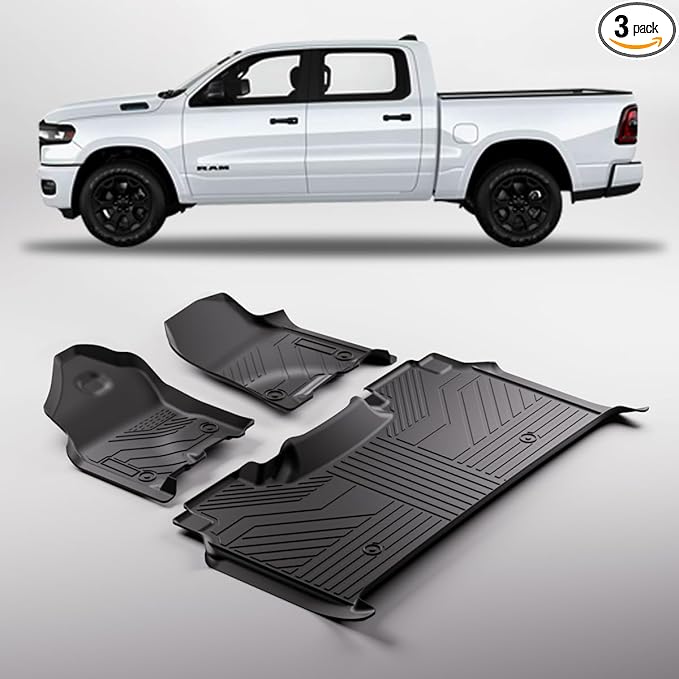 TPE All-Weather Floor Mats for Dodge RAM 1500 2019-2024 Car Mat for Truck Floor Liners (NOT Classic Model) Custom Fit Floor Liners Accessories (3-Piece Set, Black)