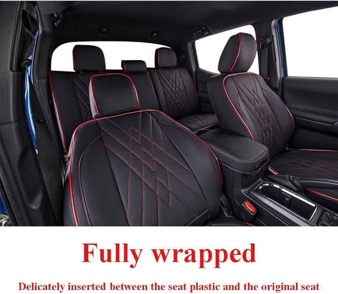 EKR Custom Fit Tacoma Leather Car Seat Covers for Select Toyota Tacoma 2012 2013 2014 2015 (Regular Seats)- Full Set,Leather(Black with Red Trim)