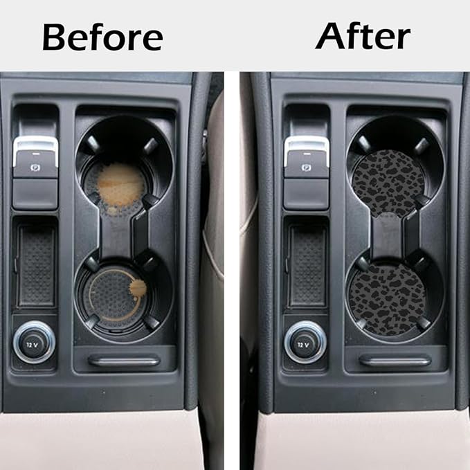 2 Pcs Car Cup Coasters, Black Leopard Print Universal Non-Slip Rubber Car Coasters for Cup Holders 2.75 inch, Car Interior Accessories for Women