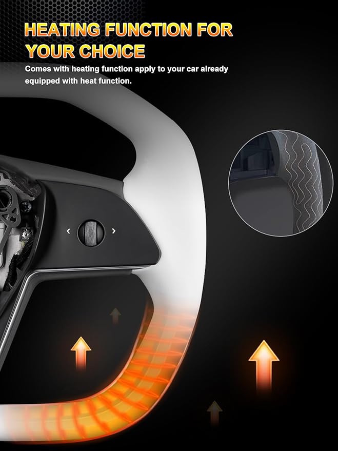 ZIMABLUE Cyber truck-Style Heated Steering Wheel for Tesla Model 3 (2017–2023) & Model Y (2020–2024) | White Microfiber Leather | White Center Stripe | Factory-Matched 1:1 Fitment