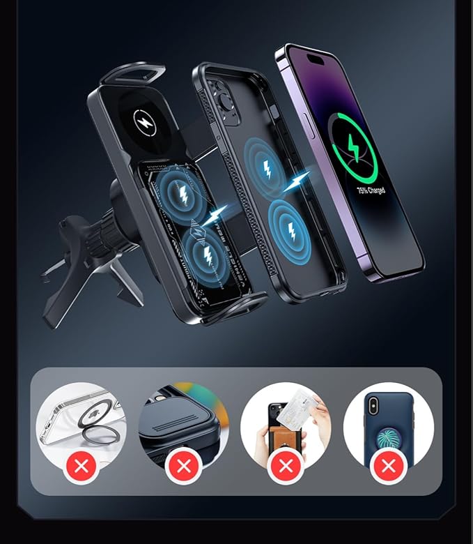 15W Fast Wireless Car Charger Mount with Auto Rotation, Hands-Free Phone Holder for Dashboard, Compatible with Most Phones (Gray,Base + Suction Cup)