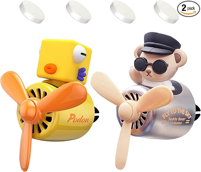 2 Pcs Pilot Car Air Freshener, Cute Duck Car Vent Clip Air Freshener Automotive Air Outlet Fan Diffuser, Automotive Interiors Vent Decoration (Bear+Bodun)