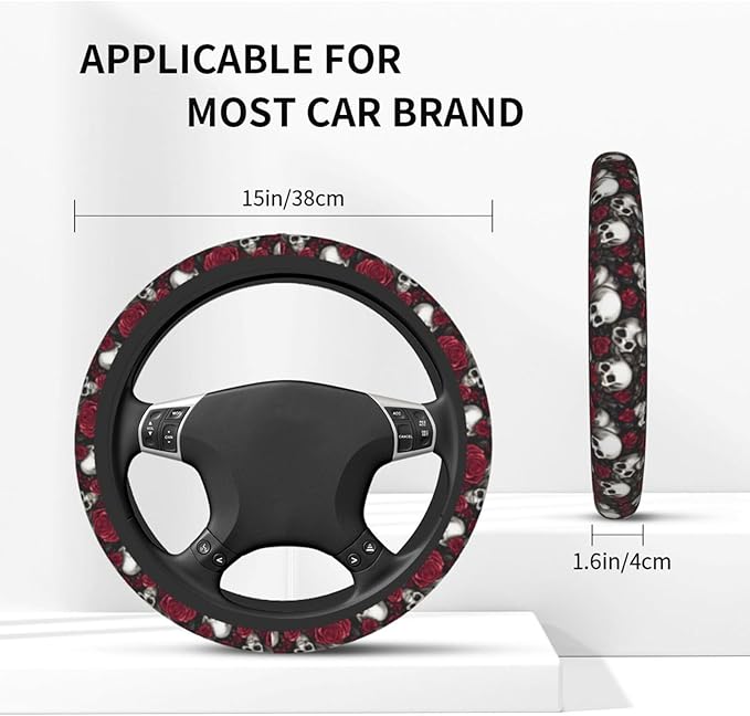 Skull Rose Steering Wheel Cover with 2 Car Coasters Non Slip Neoprene for Women Men Universal 15 Inch