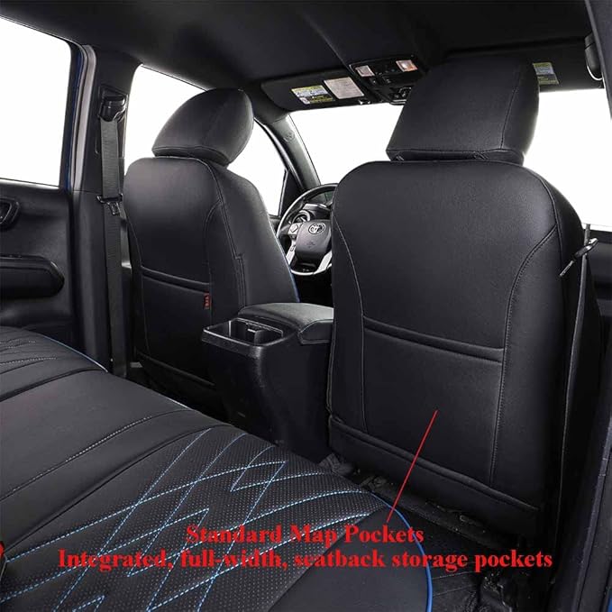 EKR Custom Fit Tacoma Leather Car Seat Covers for Select Toyota Tacoma 2012 2013 2014 2015 (Regular Seats)- Full Set, Leather (Black with Blue Trim)