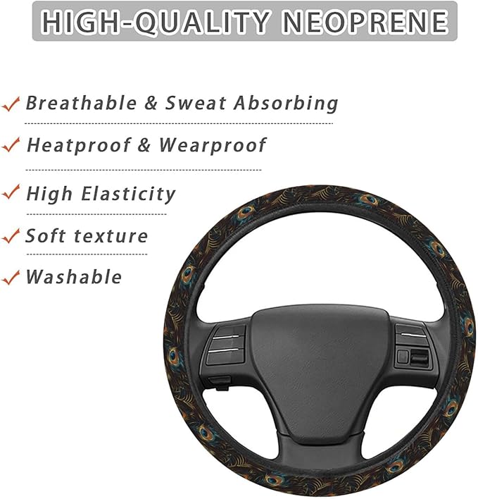 Peacock Feather Pattern Steering Wheel Covers Anti-Slip Elasticity Car Accessories Steering Wheel Protector Universal 15 Inch for Cars SUV Vehicle Truck