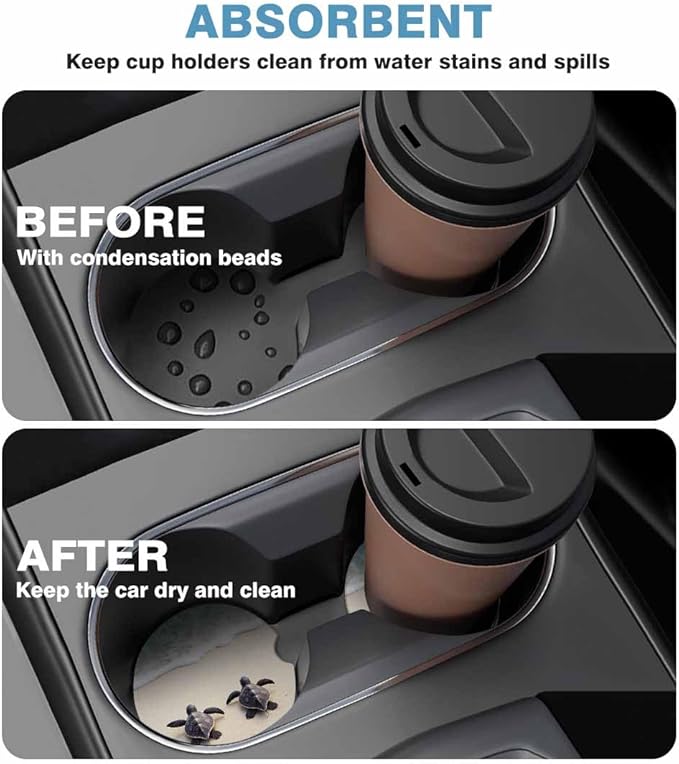 Sea Turtles 2 Pack Car Cup Holder Coaster on The Beach Anti Slip Insert Absorbent Ceramic Car Coaster with Cork Base and Finger Notch Cute Car Accessories Interior for Women Men