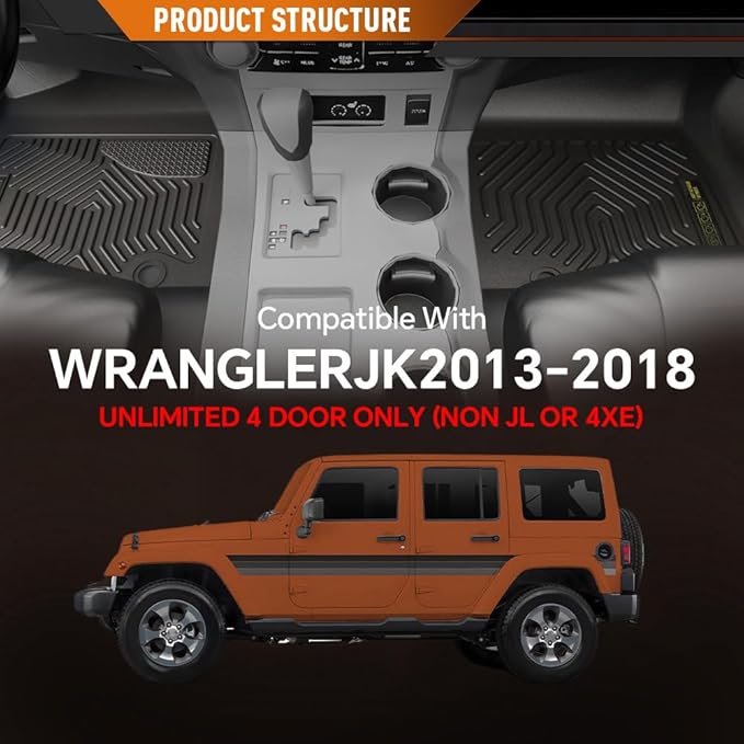 ANDPLAY TPE Floor Mats Liners 3PCS Compatible with Jeep Wrangler JK Unlimited 4 Door Only (Non JL or 4XE) 2013-2018 All Weather Protection Black Floor Liners alfombras para carro
