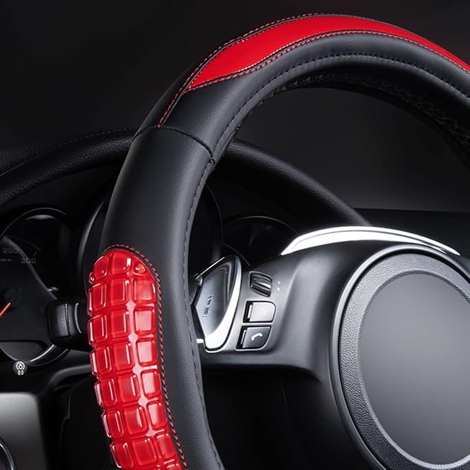 Flying Banner car Steering Wheel Cover Gel Massage Velvet Cool Warm Universal Size 15 inches SUV Truck Anti Slip Odorless Summer Winter (Black Red, Gel Massage)