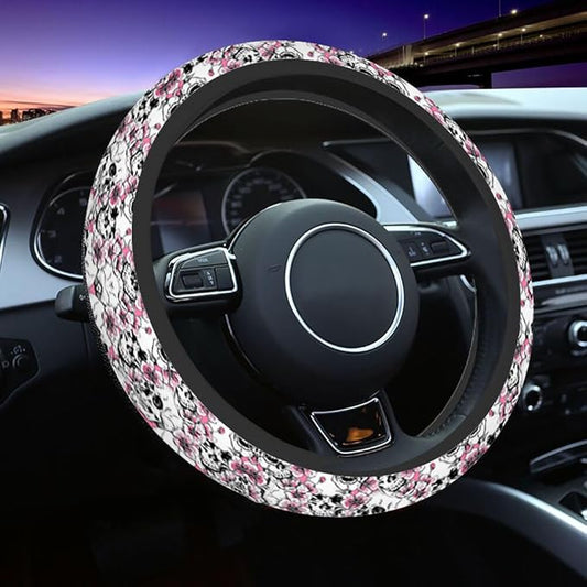 Skull and Flowers Car Steering Wheel Cover Pink Cherry Blossom Steering Wheel Cover Car Decor Suitable for Most Vehicles Including Trucks and SUV