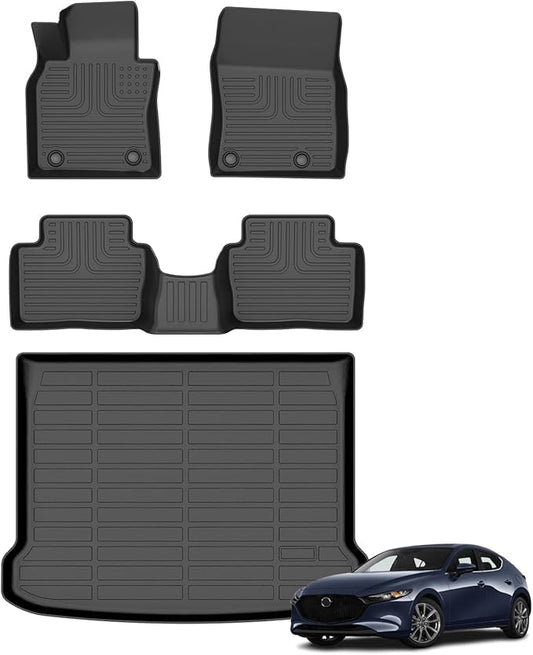 Floor Mats & Cargo Liner for Mazda 3 FWD 2019-2025 (Hatchback Only) All Weather Automotive TPE Liners Set Anti-Slip Waterproof Floor Liners Accessories (Car Mats+Trunk Mat) Black
