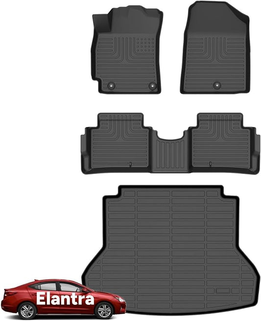 Wayhigh-for Hyundai Elantra 2017-2020 All Weather Floor Mats and Cargo Liner Set TPE Car Mats Waterproof Heavy Duty Rubber Floor Liners Elantra Accessories