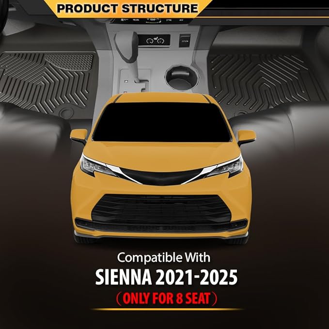 TPE Floor Mats Cargo Mats, Compatible with Toyota Sienna 2021-2025 (Only for 8 Seat), 1st & 2nd & 3rd Row, All Weather Full Cover Protection, Black Cargo Liner Interior Accessories