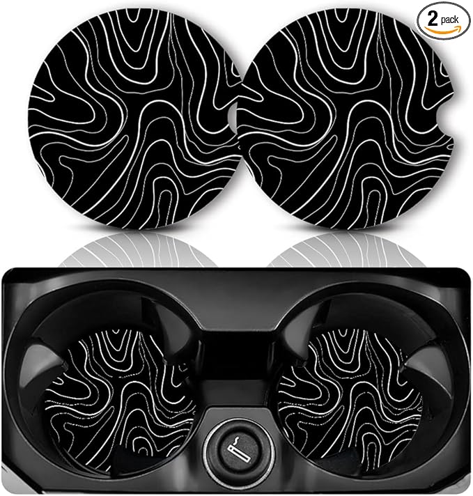 Topographic Anti-Slip Rubber Car Cup Mat with 2 Pack Cup Holder Coasters for Men & Women, Cute Interior Accessories